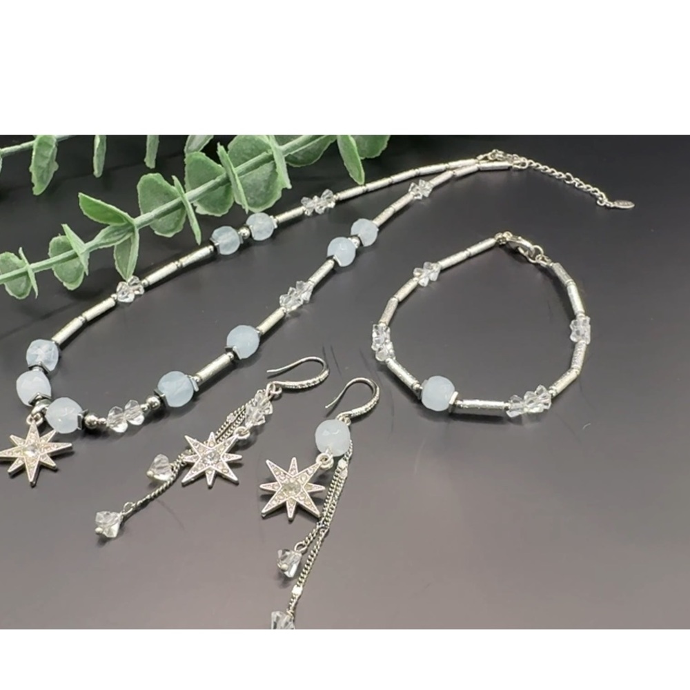 Silver Starburst Necklace & Bracelet Set with Light Blue Beads